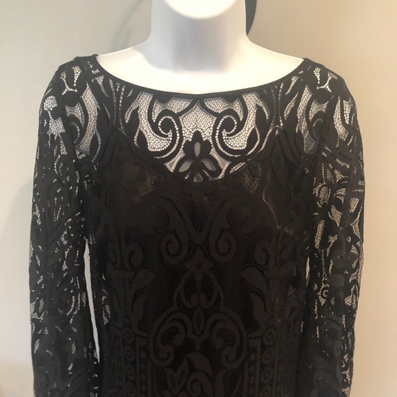 Laundry by Shelli Segal Blouson black lace overlay long sleeve dress size 2 - Picture 6 of 11